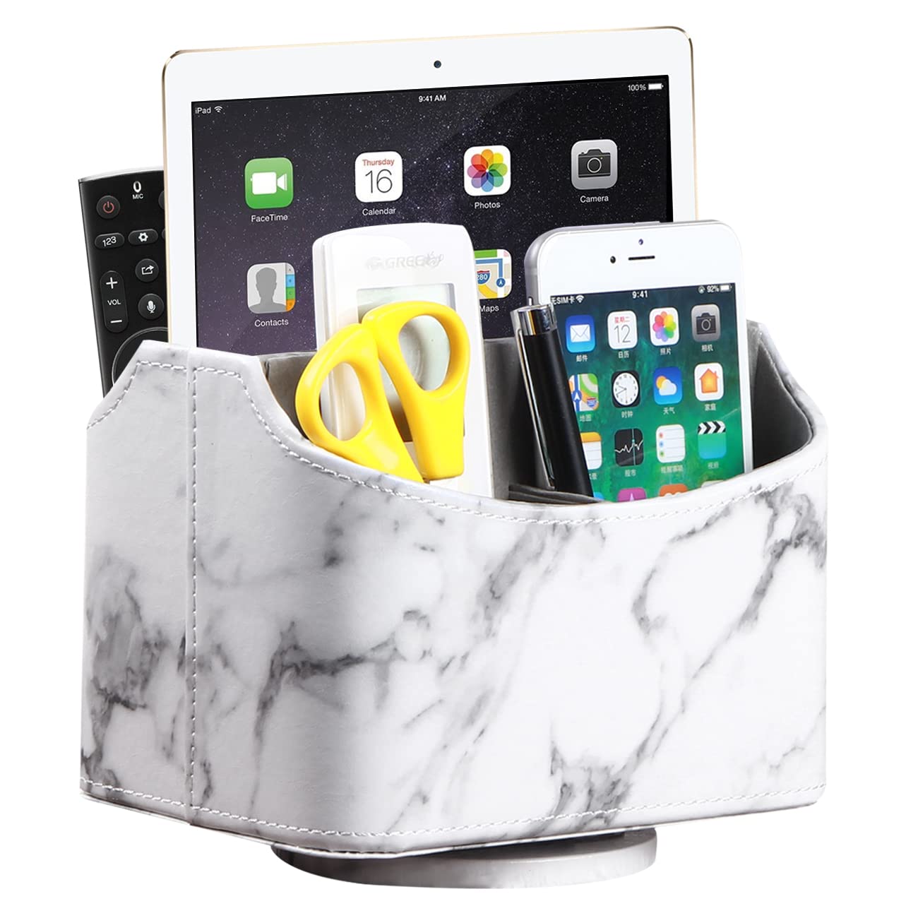 YAPISHI White Marble Leather Remote Control Holder,360 Degree Spinning Desk TV Remote Caddy/Box,Beside Table Organizer for Controller,Media,Makeup,