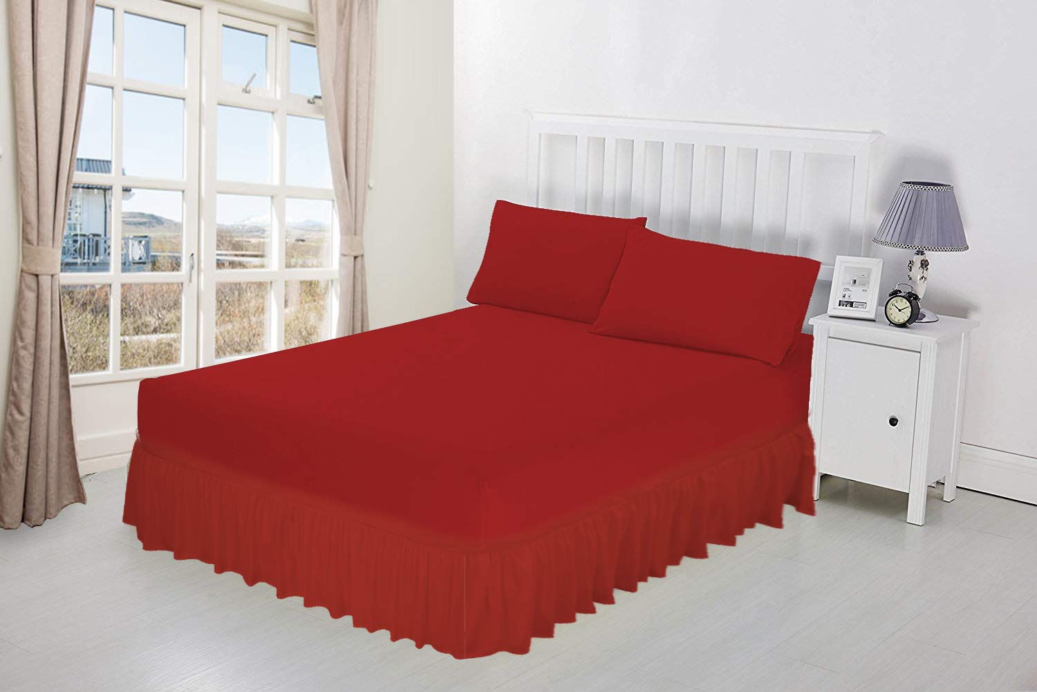NIYS Luxury Bedding 100% Egyptian Cotton Frilled Valance Fitted Sheet In 12 Colours (Super King, Red)