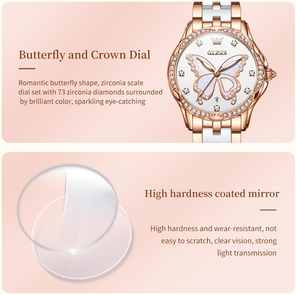 OLEVS Watches for Women Rose Gold Two Tone Fashion White Ceramic Ladies Wrist Watches Pink/Red Dial Stainless Steel Waterproof Date - Image 5