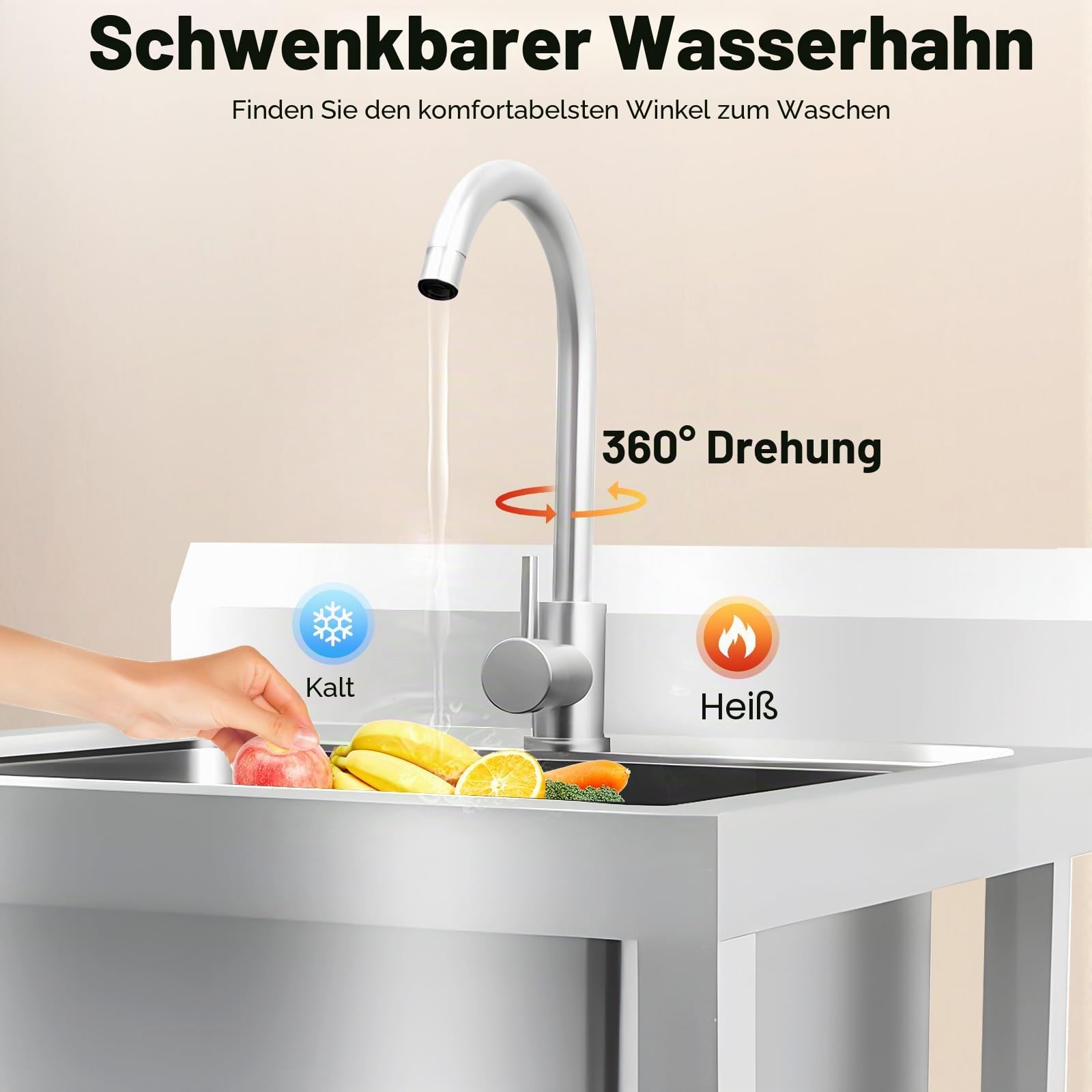 Freistehende Edelstahl Waschbecken 1 Becken Outdoor Spüle mit Kalten und Heißen Wasserhähnen und Anderem Zubehör Kommerzielle Restaurantspüle für Außen Innen Küche Restaurant 93 x 60 x 60cm