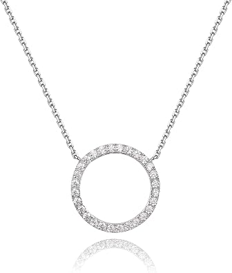 espere Rhodium Plated Paved Circle Pendant Sterling Silver Necklace for Women