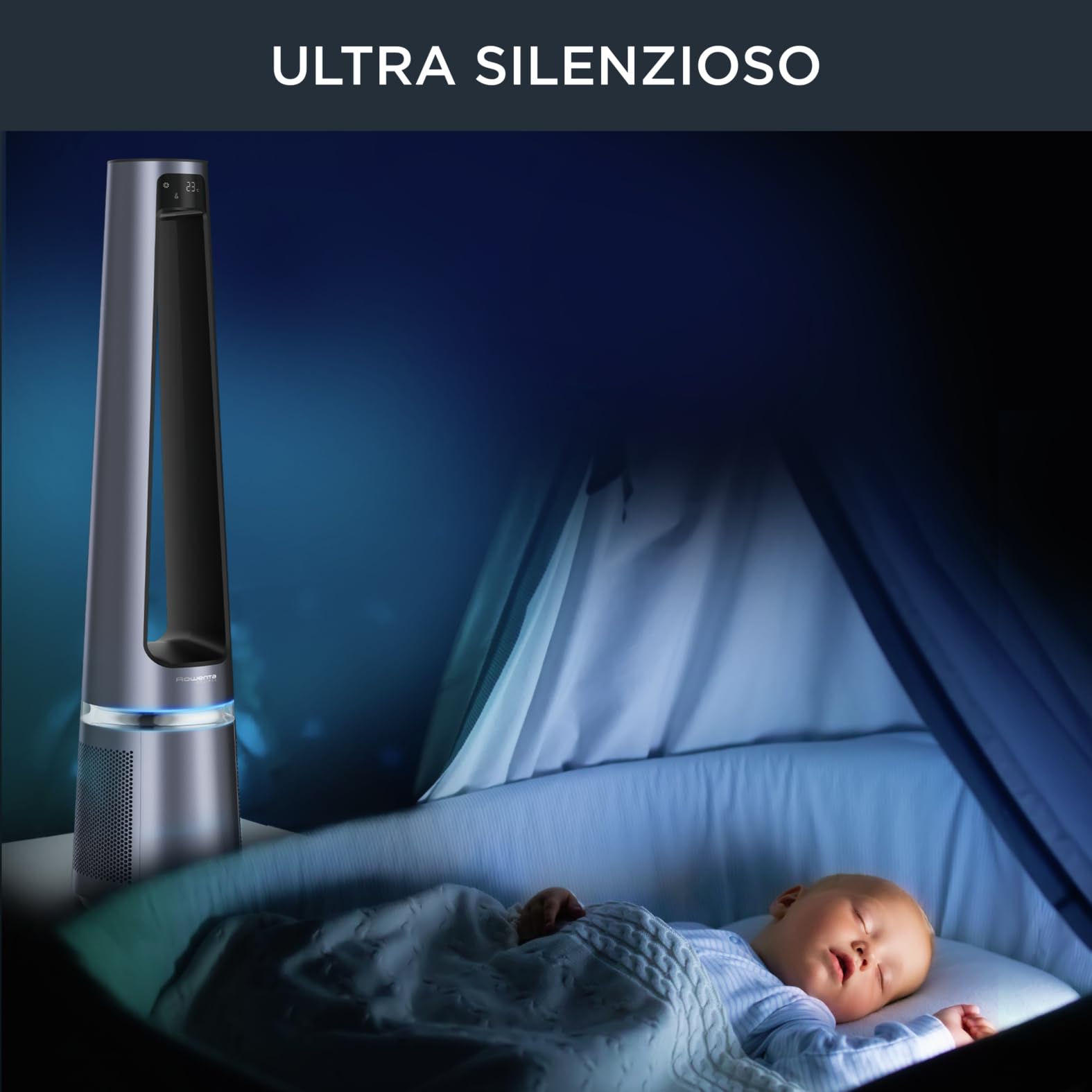 Rowenta Eclipse QU5030, 2in1 Purifica e rinfresca, purificatore d'aria, elevata efficacia di filtrazione, ultra silenzioso, oscillazione a 12 velocità, programmabile, raggio d'azione 8 m, Argento