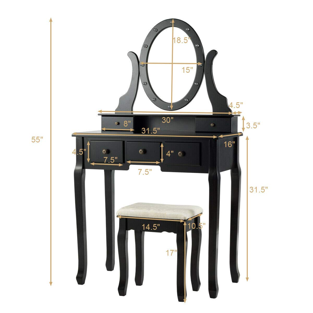 DORTALA Makeup Vanity Table Set, 5 Drawers Dressing Table w/ 360° Rotating Oval Mirror, Detachable Top, 12 LED Light Bulbs, Multifunctional Girl Dressing Table Set w/Vanity Padded Bench, Black