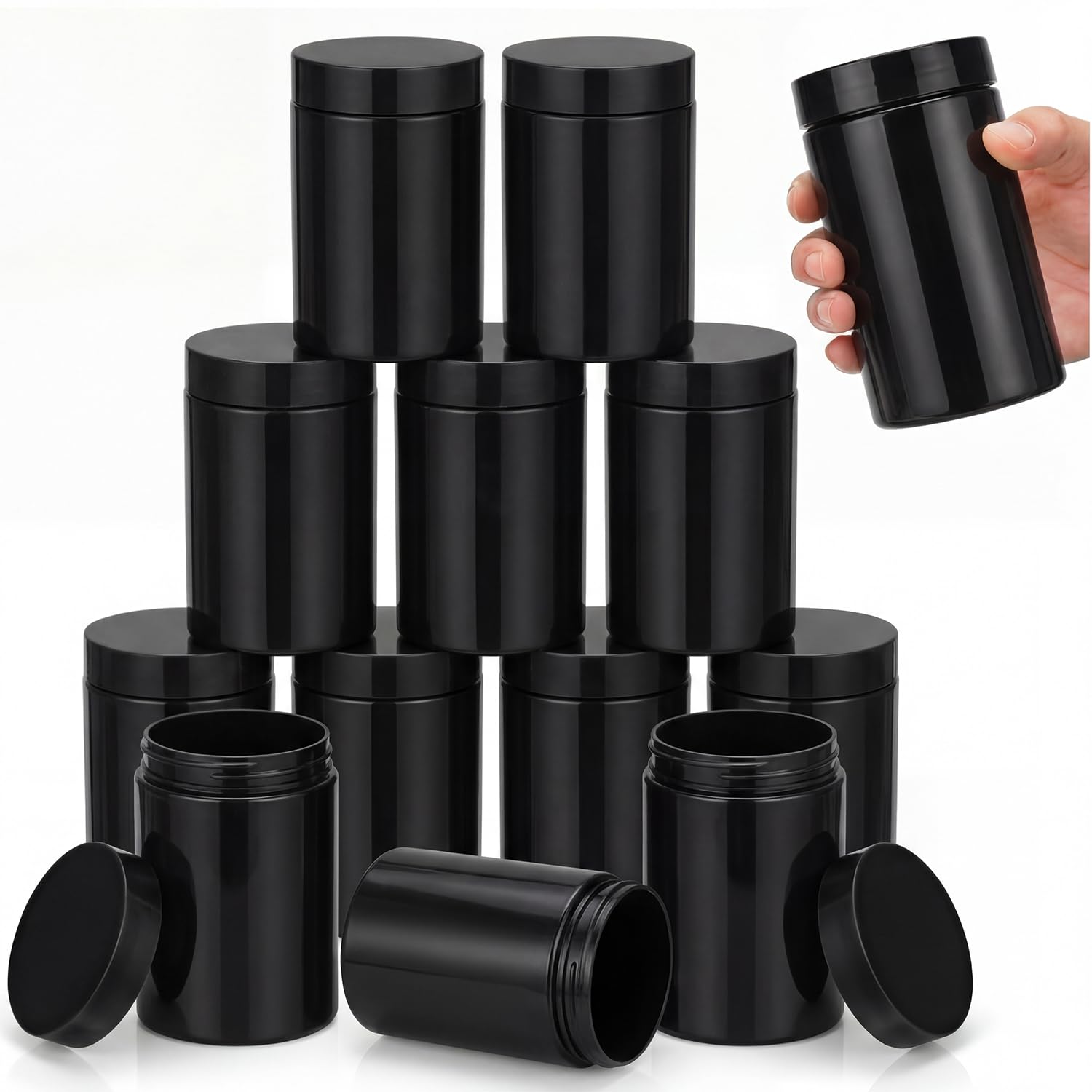 SATINIOR 12 Pack 12 oz Plastic Container Jars with Lids Round Clear Travel Cosmetic Container Slime Jar for Toiletries, Lotion, Cream, Ointment, Makeup, Rhinestone, Sample, Kitchen Storage(Pure Black)