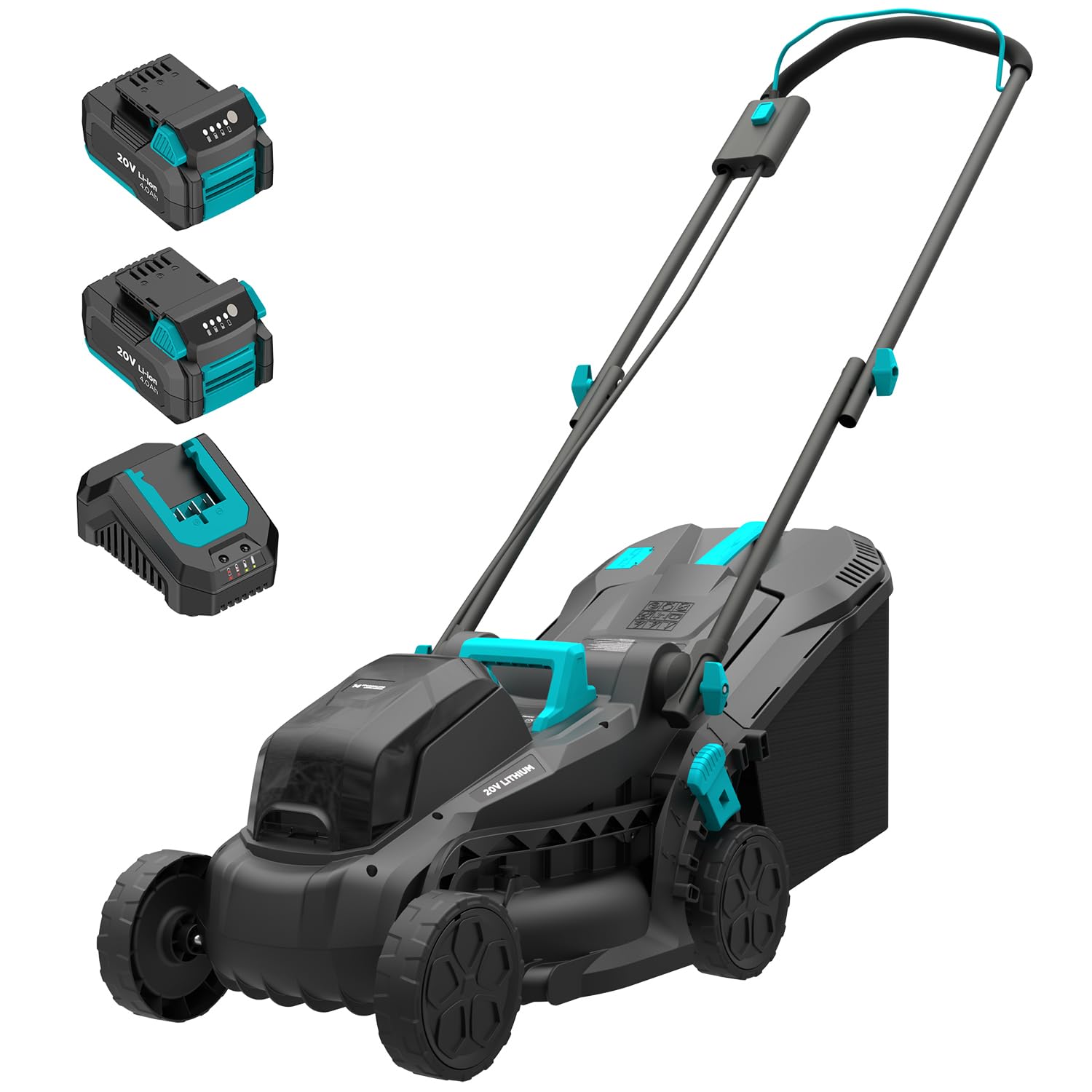 electric lawn mower cordless, 20v 13 inch push lawn mower with 5-position cutting height adjustment, 2x4.0ah battery and charger included