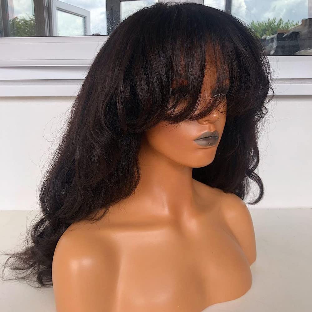 RHEANNA Kinky Yaki Wavy Bang Wig Human Hair 180 Density Brazilian Hair O Scalp Top Yaki Human Hair Wigs With Bangs For Black Women 18inch