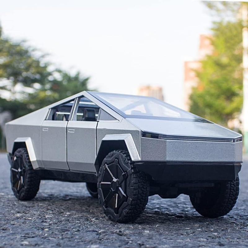 Image of Kids Model 1:24 Cyber Truck Die Cast Metal Car Pull Back Action Opening Doors with Realistic Engine Sound Lights Toy Car Gift for Boys - Silver