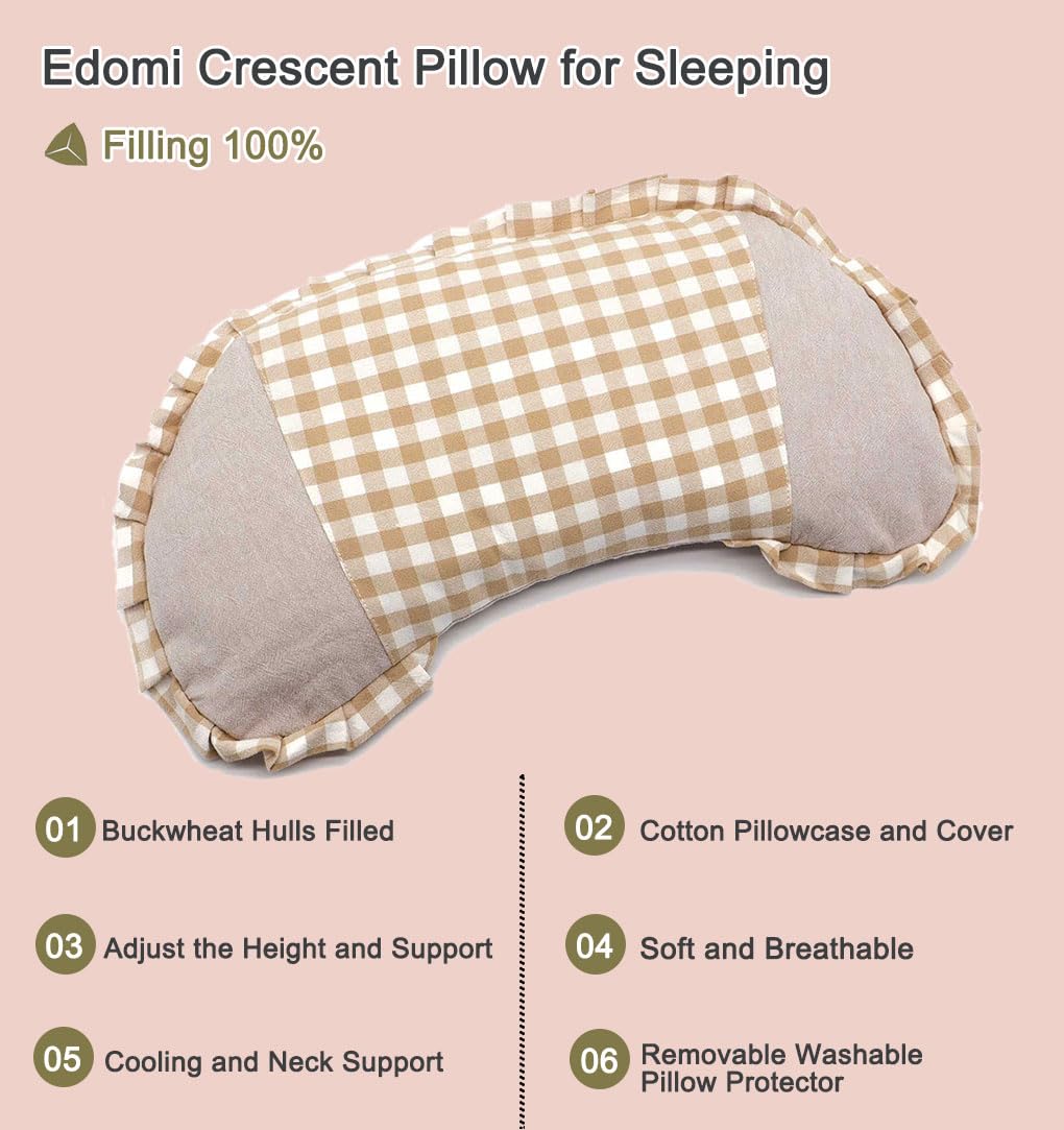 Cuscino con gusci di grano saraceno, per migliorare il sonno, grande, cuscino cervicale con fodera lavabile, a forma di luna, supporto rinfrescante per il collo, per chi dorme di lato e sulla