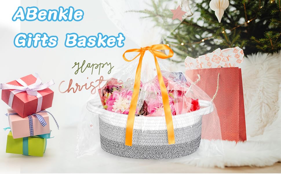 Image of Empty Gift Basket with Gift Bag & Ribbon, Woven Rope Basket, 12x8x5 inch
