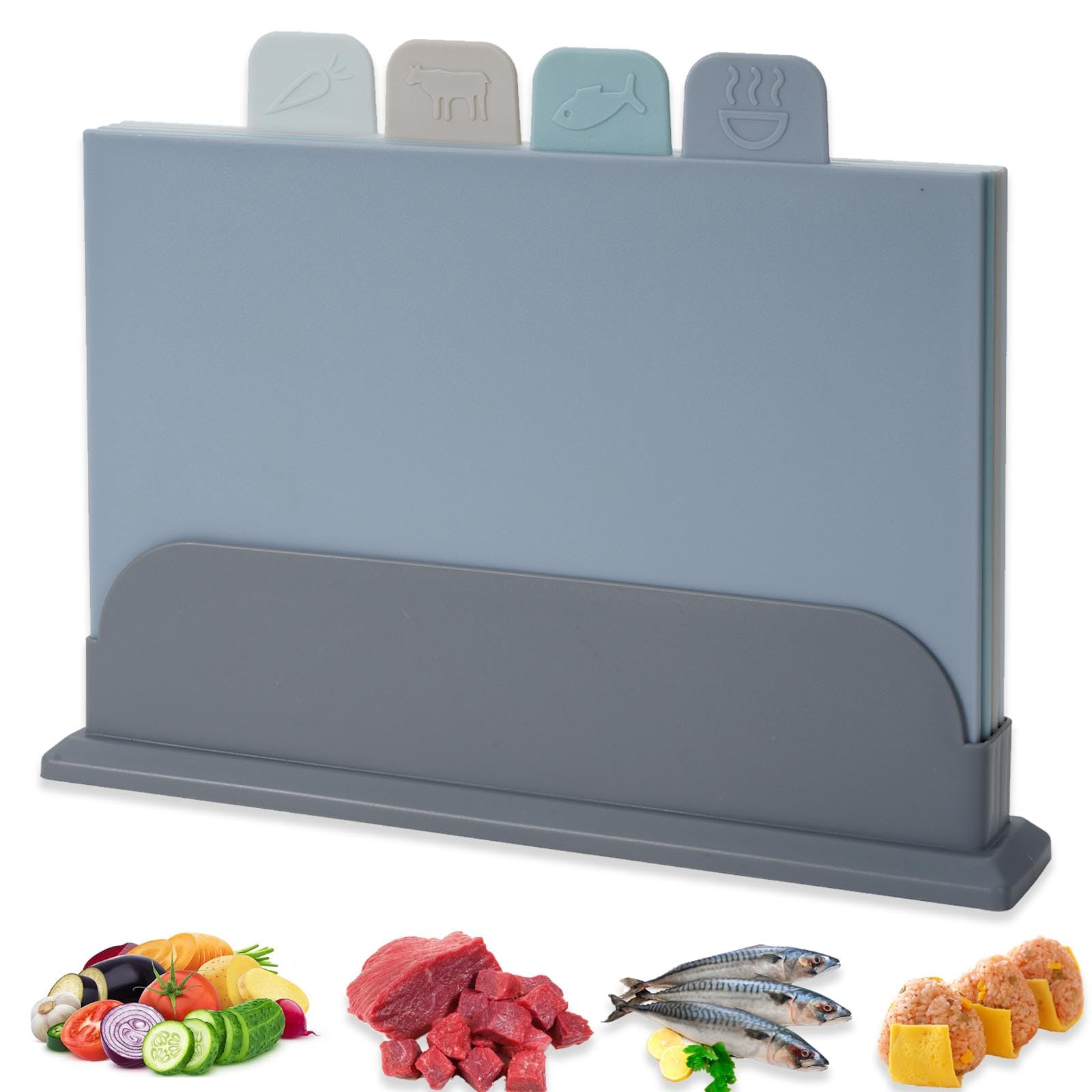 MASTERTOP Index set met vier snijplanken, kunststof set met standaard, groot keukenbord, snijplanken, ontbijtplank voor fruit, heet vlees, vis, 1 mes en 1 schaar