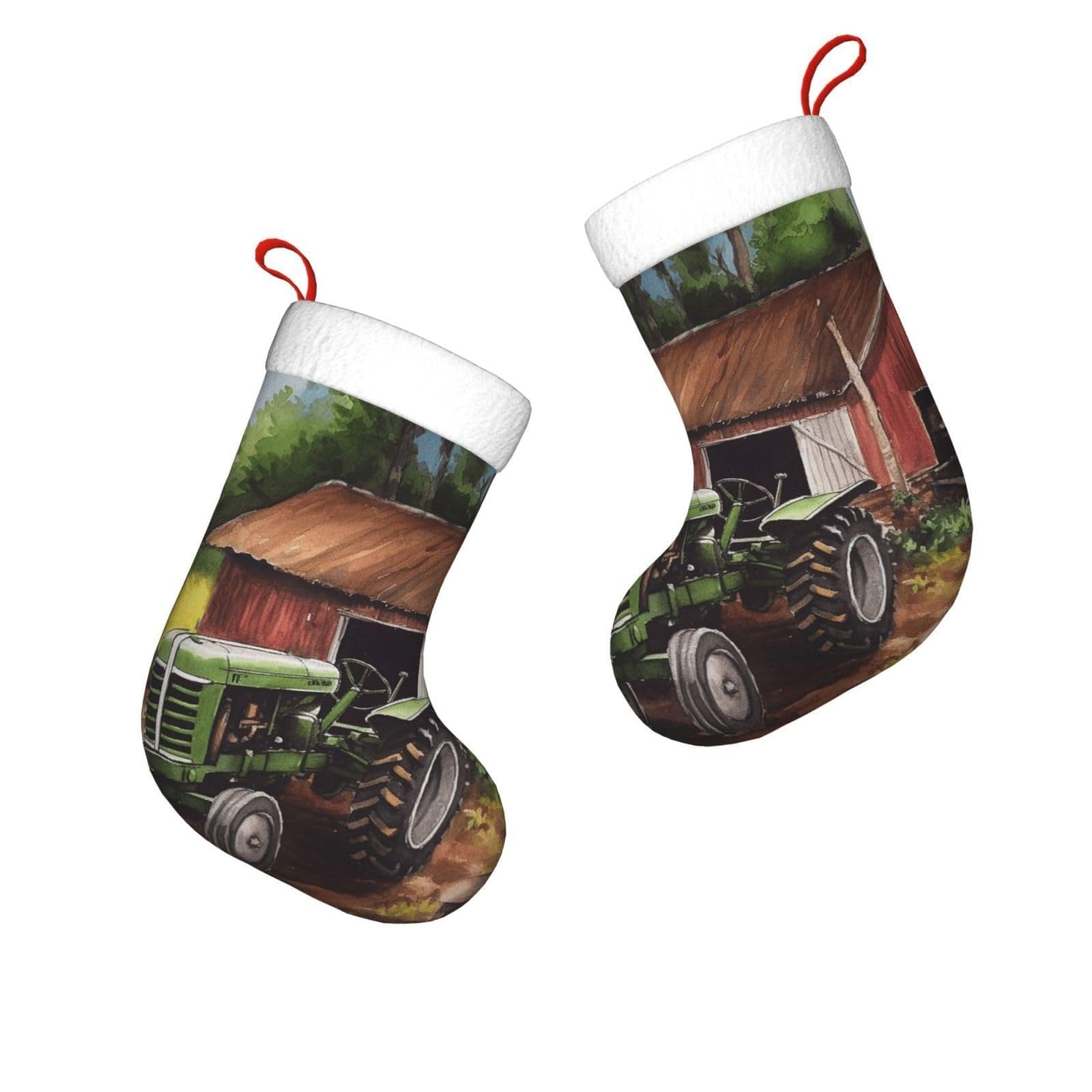 FodPand 17.7" Christmas Stocking 1 Piece, Tractor On The Farm Xmas Stockings with White Plush Cuff Fireplace Hanging Stocking for Christmas Holiday Party Decoration