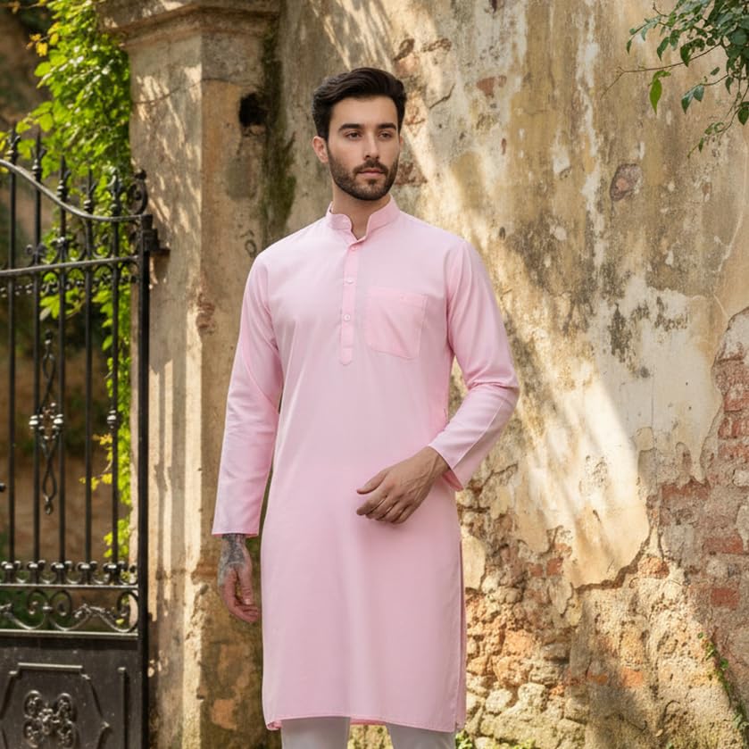 Image of Men's Cotton Blend Blend Knee Length Solid Color Style Stright Long Mandrin Collor Ethnic Casual Wear Kurta Only