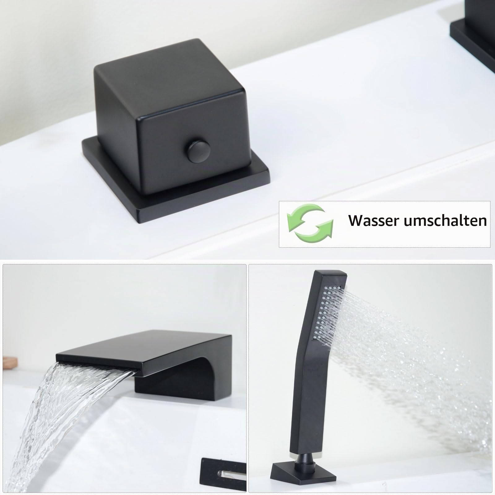 4 Loch Wannenrandarmatur Wasserfall, 4 Loch Badewannenarmatur mit Handbrause, Fliesenrandarmatur für Badewanne, Schwarz, 10Y3OK