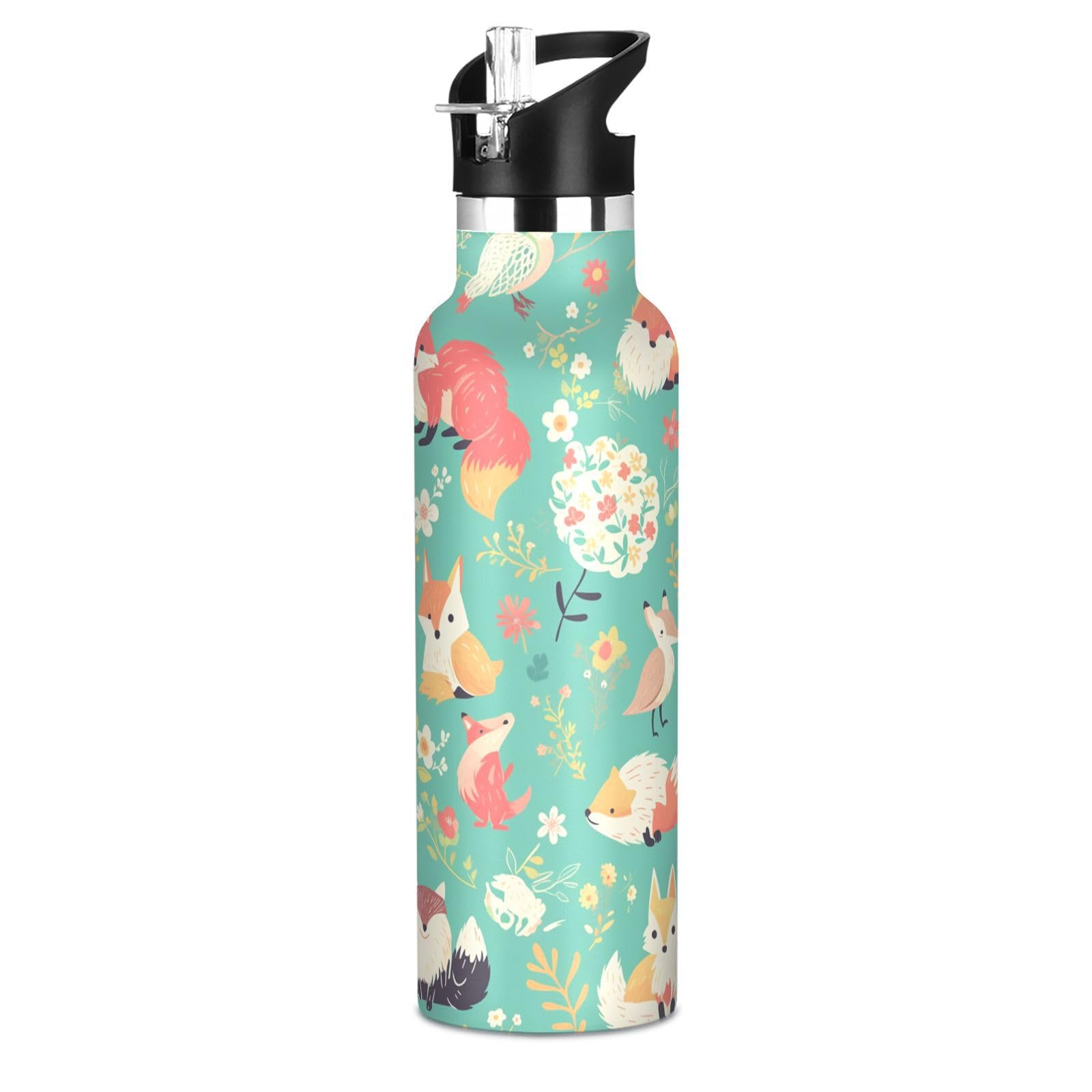 Kaaviyo Boys Pattern Fox Rabbits Frogs Forest Water Bottle Stainless Steel Jug Insulated Vacuum Cup For Girls(600Ml)