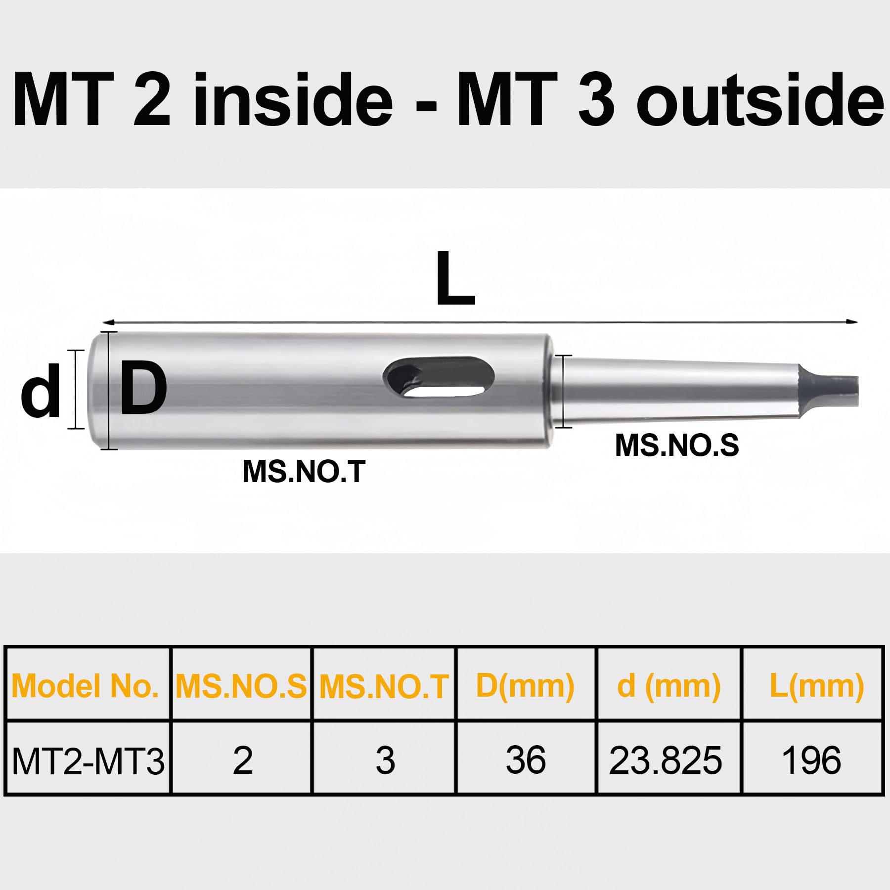 LEPEVNEY Morse Taper MT2-MT3 Diameter 36 mm Length 196 mm Extension Sleeve Drill Chuck Sleeve Adapter 2MT 3MT - Image 2