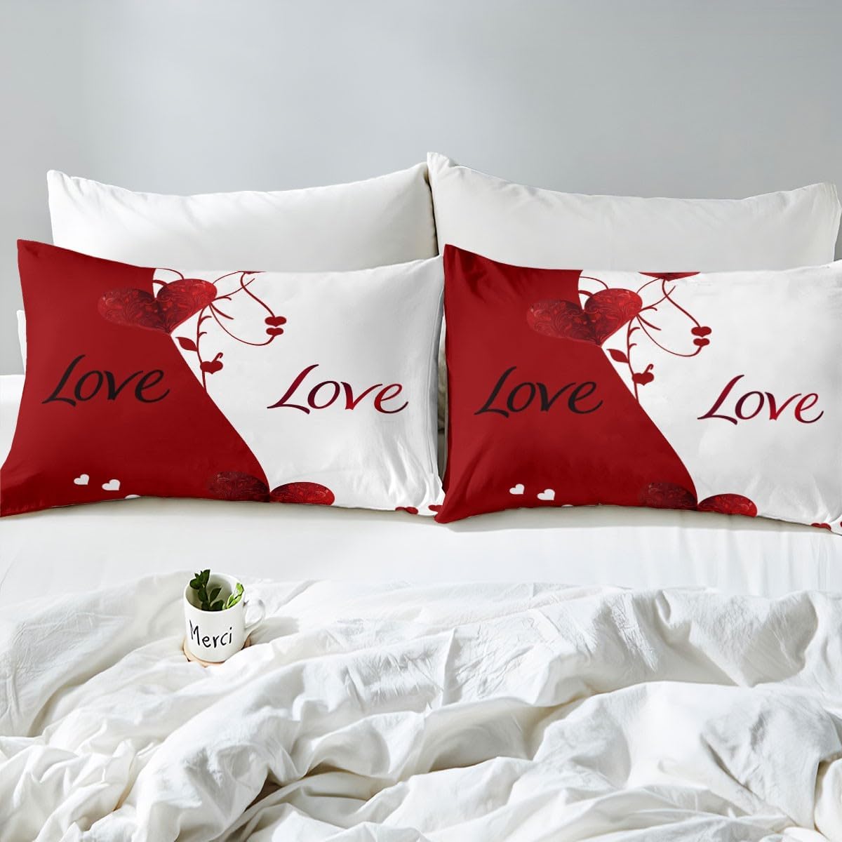 Erosebridal Red Hearts Fitted Sheet Full Size,Red and White Love Bedding Set for Men Women,Romantic Valentine's Day Bed Sheets Couple Hearts Fitted Bed Sheet 2 Pillow Cases