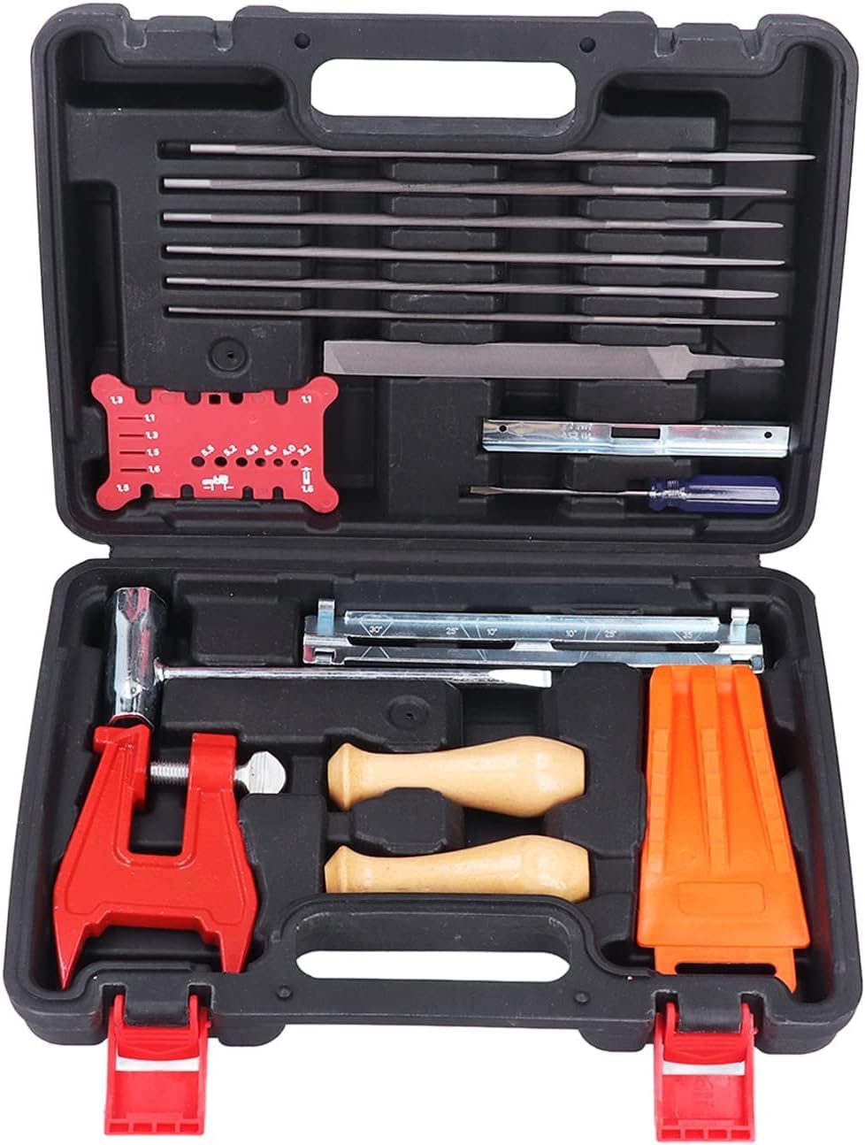 Kit de afilado de cadena de motosierra de 16 piezas, juego de herramientas de afilador inalámbrico con limas planas redondas, soportes de archivos y cuñas de tala para mantenimiento de barra guía en