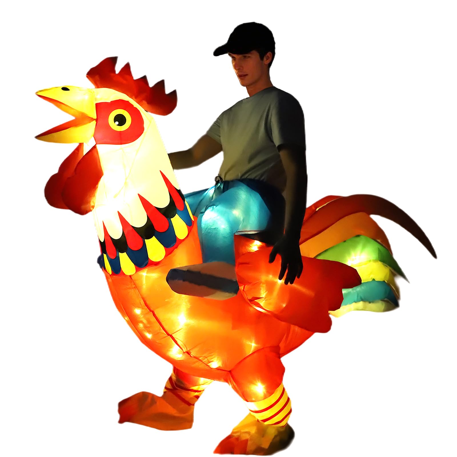 Inflatable Chicken Costume Adult, Riding on Rooster Costume with LED Lights for Men/Women, Funny Halloween Blow Up Chicken Costume Adult Cosplay for Christmas T