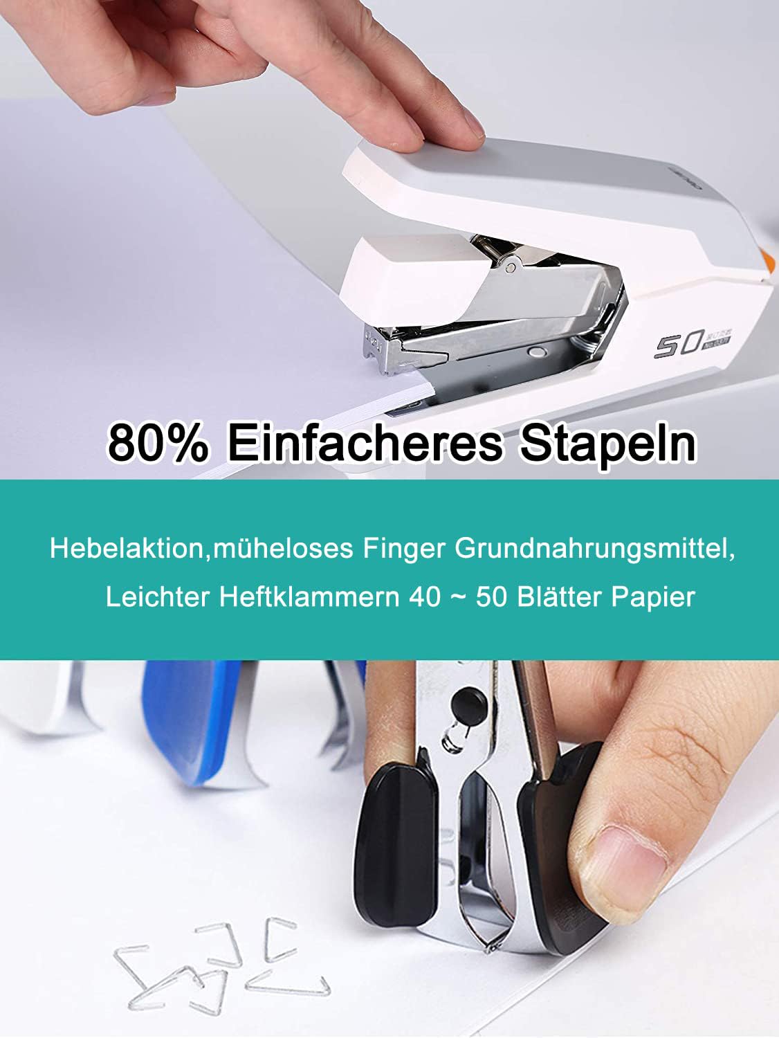 Sokiwi Arbeitssparendes Heftgerät,tacker büro Für 40-50 Blatt Kapazität,mit 1500 Heftklammern und Heftklammerentferner,für Büro Schule Heim Schreibtisch Zubehör Metall Hefter(Weiß)