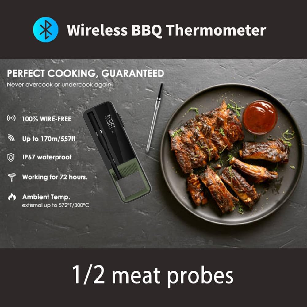 Termómetro Inalámbrico para Alimentos y Carne, Termómetro Digital Inteligente para Barbacoa con Bluetooth para Cocina, Horno, Parrilla con 2 Sondas