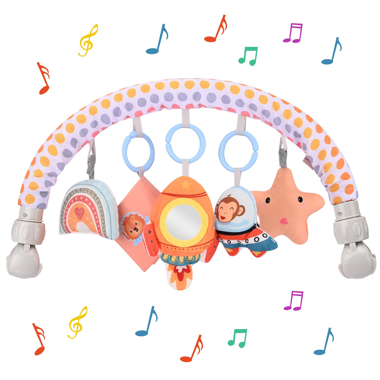 Bebamour Baby Stroller Arch Toy, Adjustable Pram Toys with Mirror, Soft Hanging Sensory Toys for Car Seat, Pushchair, Cot & Bassinet, Travel Activity Toy for Babies 0-36 Months, Space