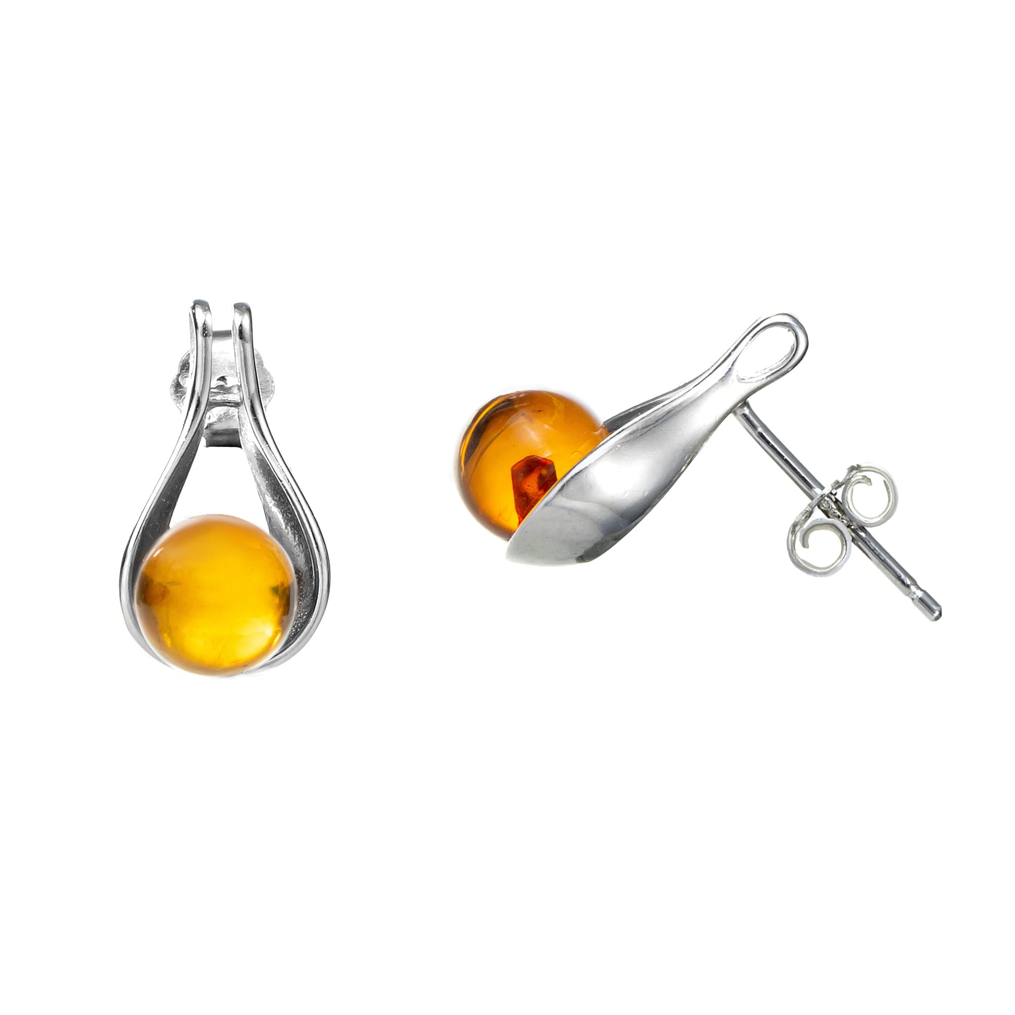Orecchini a sfera con fiore in argento sterling rotondi con ambra baltica per donna