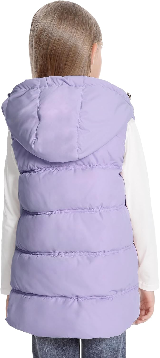 Happy Cherry Girls Mid-Length Hooded Puffer Vest Winter Warm Sleeveless Jacket with Easy Zipper & Side Pockets