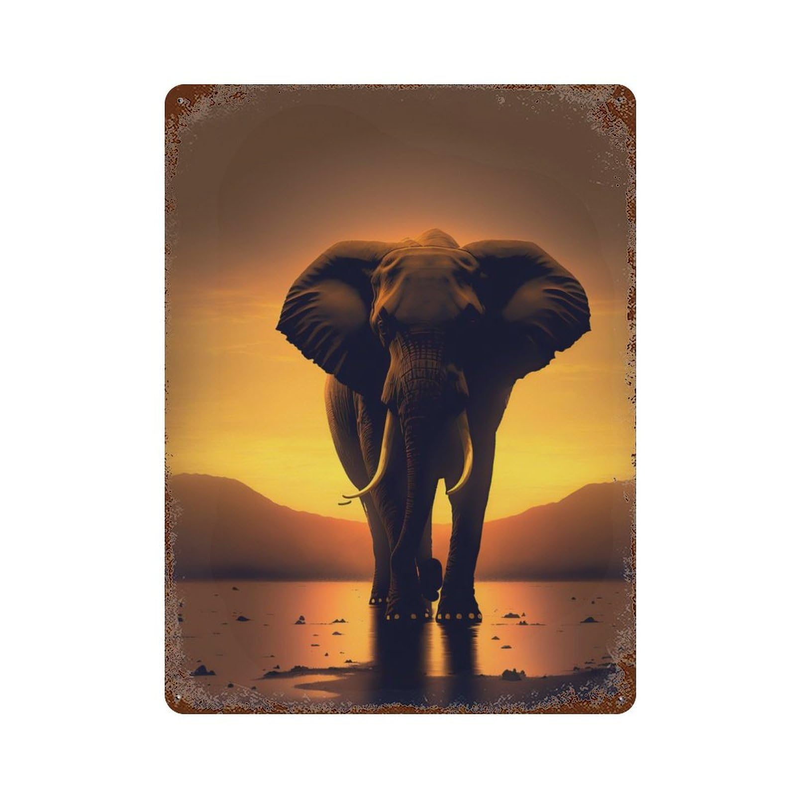Rustic Tin Plaque Elephant Sunset 15.7"x11.8", Retro Wall Decor for Shed, Workshop And Garage Wall Decor