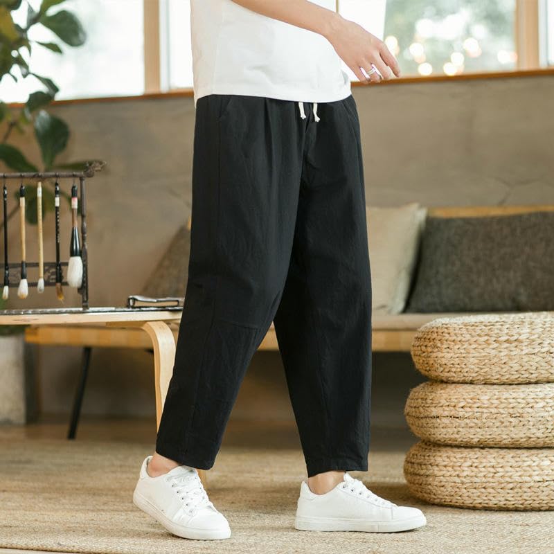 Men's Summer Minimalist Cotton Linen Loose Korean Style Trendy Cropped Straight Casual Long Pants3