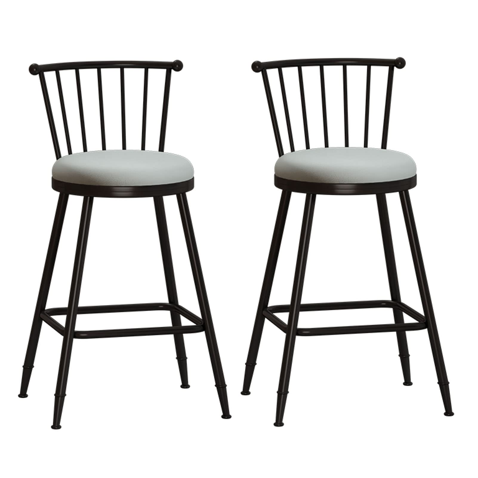 KLZUOPT Luxury Barstool Faux Leather High Bar Stool Breakfast Stool with Backrest Black Metal Legs Counter Chair for Pub, Bar, Restaurant or Home 2Pcs,Grey Cushion,65cm Sitting Height