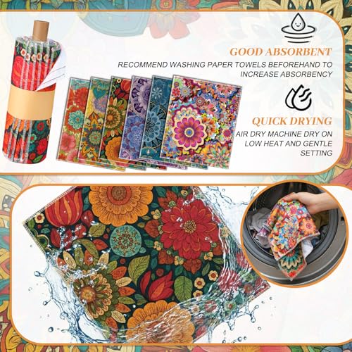 Image of Redbaker 18 Pcs Reusable Paper Towels Rolls Towels Bulk Kitchen Washable Paperless Cloth Cotton Hand Napkins with Cardboard Reusable Napkins for Kitchen Bathroom (Boho Floral Style)