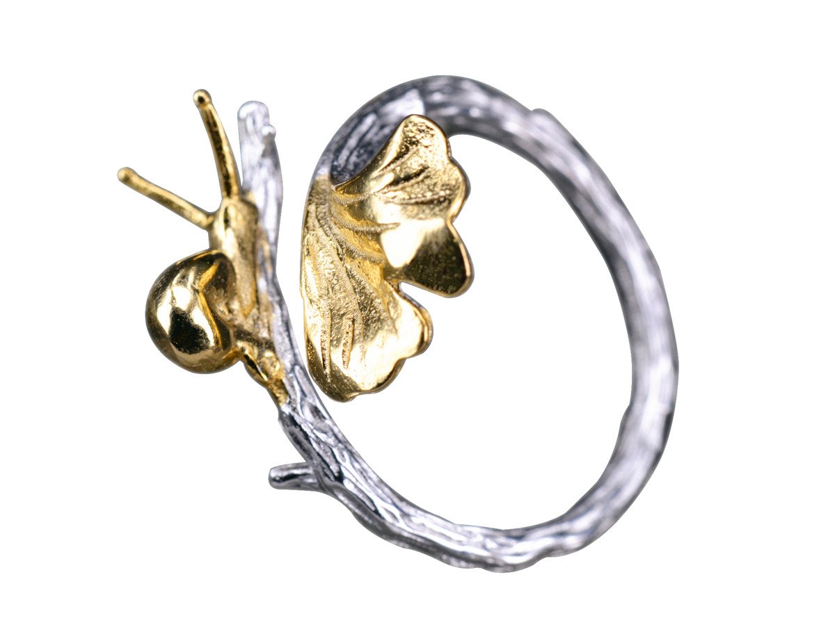 NicoWerk Anillo de plata NicoWerk, motivo naturaleza con caracol y hoja de gingko biloba chapado en oro, anillo de plata 925 ajustable para la mujer, plata de ley SRI259