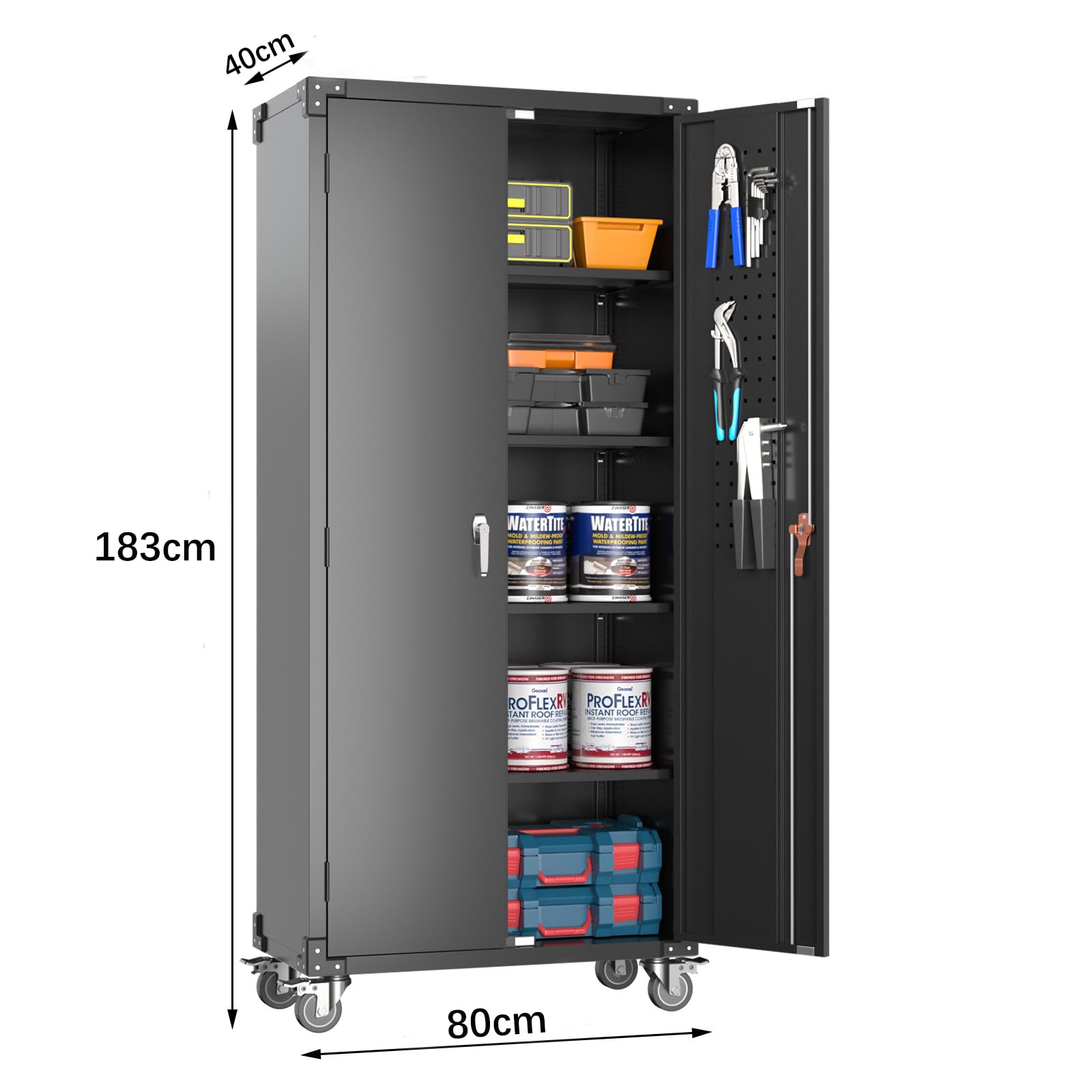 SUPEER Metallschrank mit Pegboard und Abschließbare Räder, 4 höhenverstellbaren Fachböden,Stahlblech Pulverbeschichtung,Stahlschrank Abschließbar für Werkzeuge,Garage183 x 80 x 40 cm（schwarz）