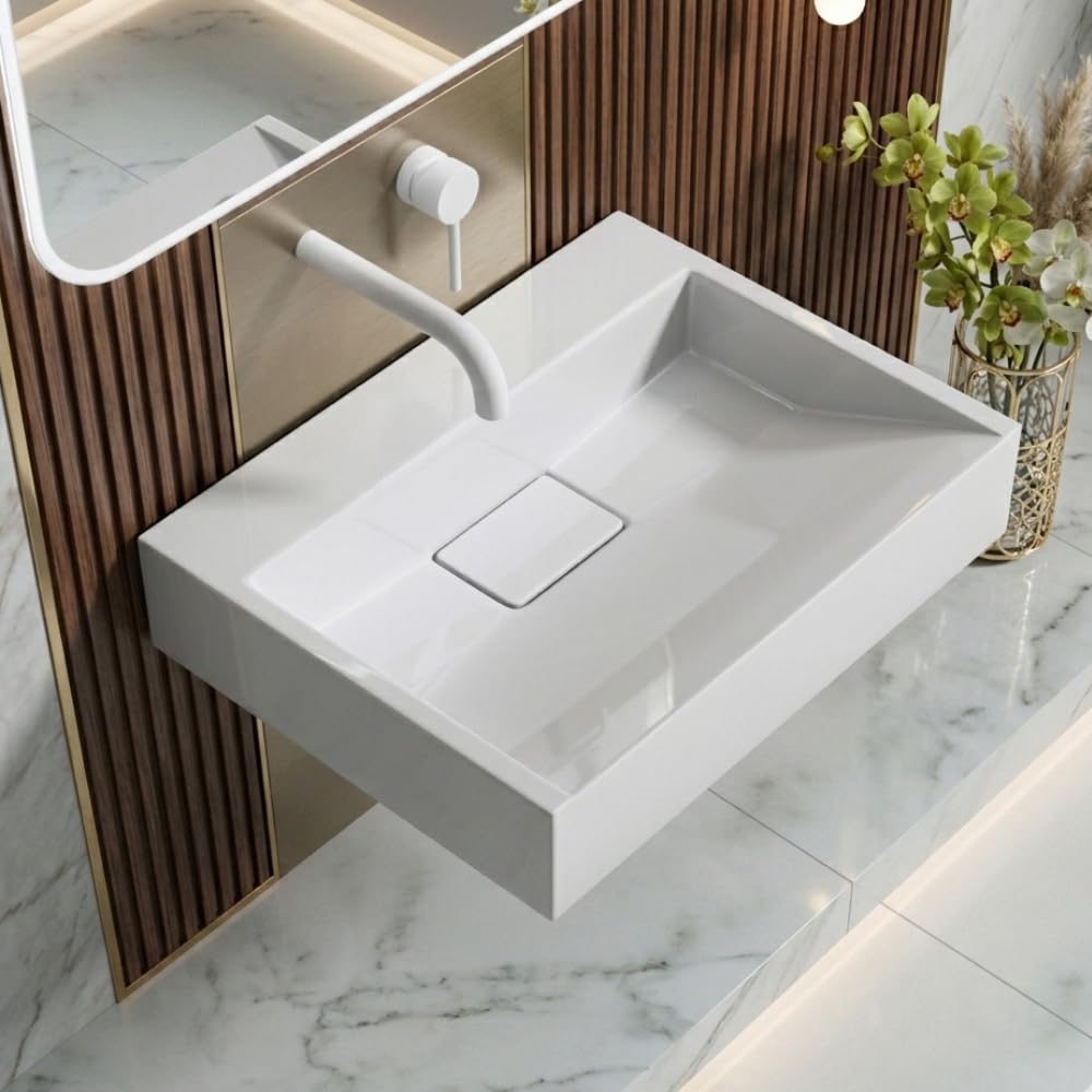 Db Durovin Bathrooms No Tap Hole Durovin Bathrooms Luxurious Cast Stone Resin Bathroom Basin - Wall Hung Or Countertop Basin Sink - Concealed Waste - 500 X 380Mm (Wxd)