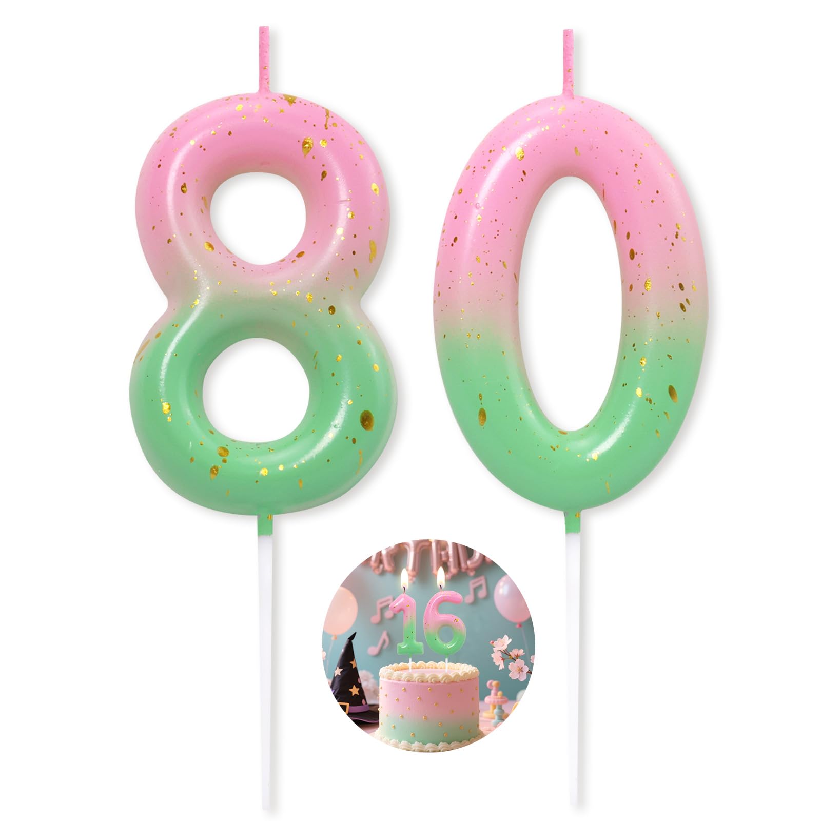 Pink Green Number 80 Candle Happy Birthday 3D Number Candles for Birthday Cake Party Decoration Wedding Anniversary Celebration Supplies