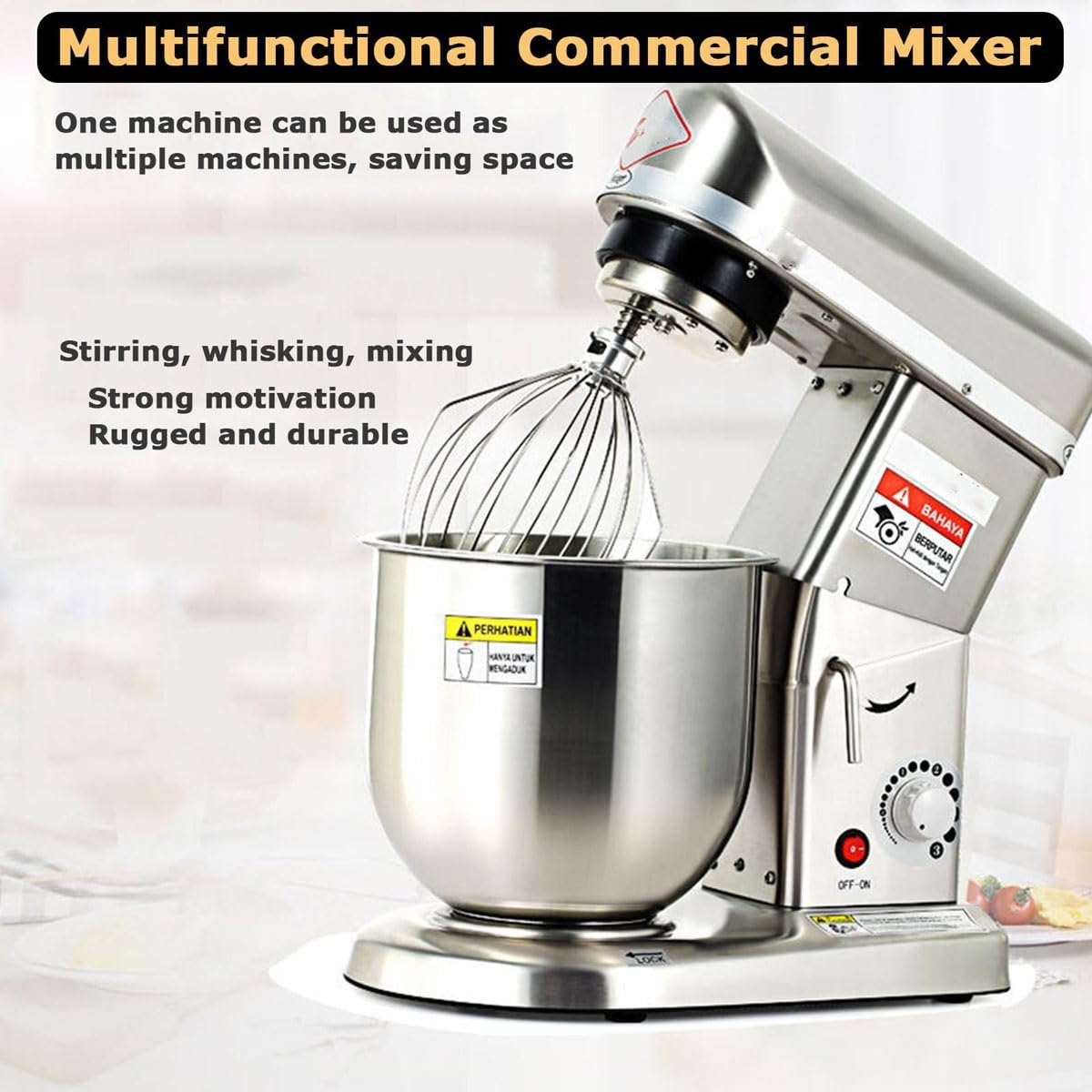 Elektrischer Standmixer, 500W Küchenmixer mit Rührschüssel, Schlägel & Knethaken, 3 Geschwindigkeitsstufen, für Backen und Teigzubereitung, Edelstahl, 10L Kapazität