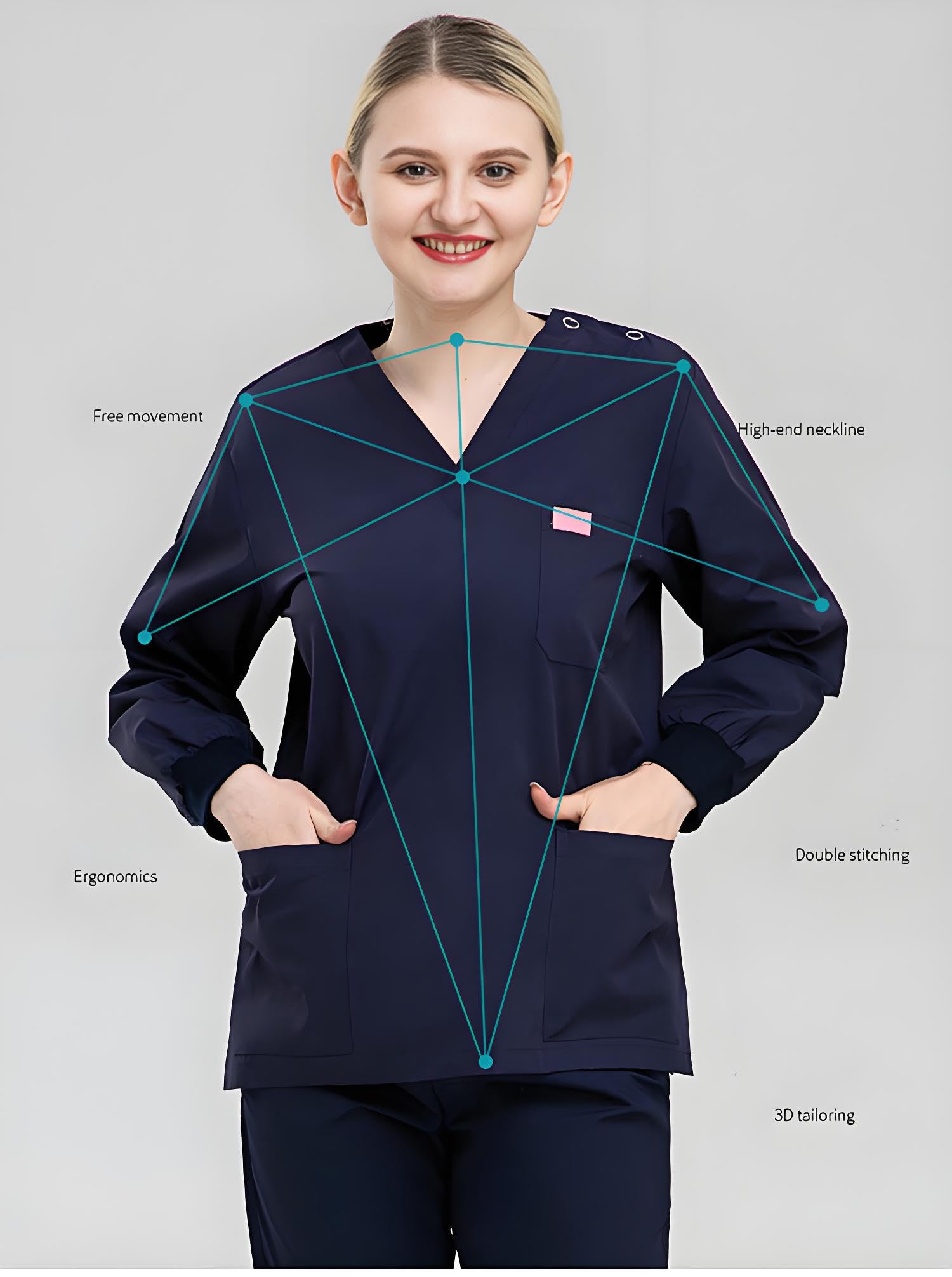 Conjunto de ropa quirúrgica médica para mujer, conjunto de ropa quirúrgica negra para mujer, conjunto de ropa quirúrgica para manos curativas para mujer (azul marino, manga larga, M, M)