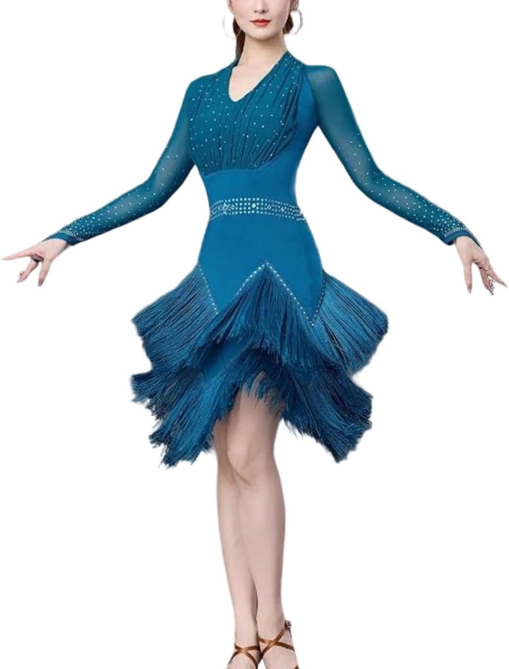 Women Latin Dance Long Sleeve Dress Summer Rhinestone Fringe Outfit Adult Competition Performance Wear