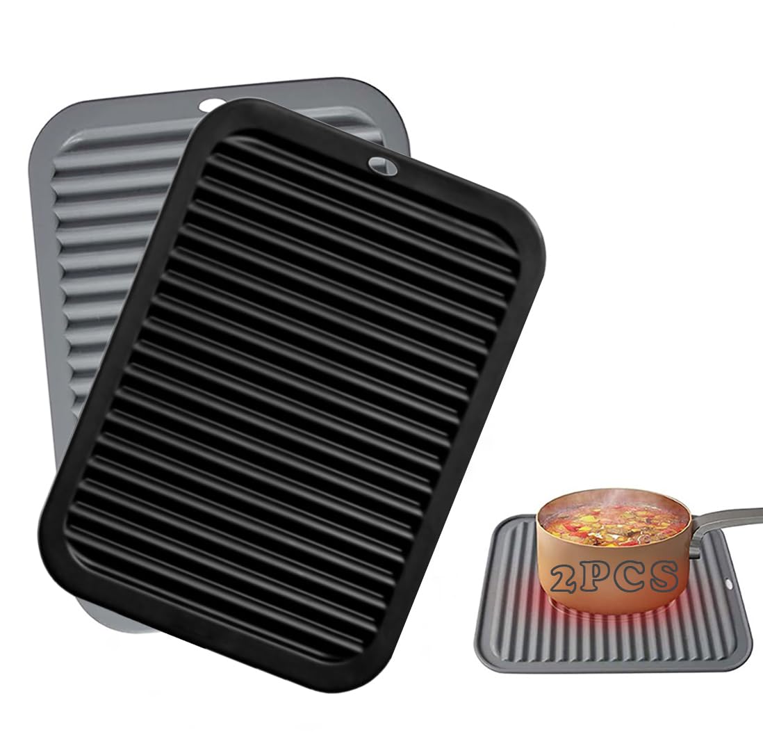 Hongmeru 2 Pack Silicone Trivets for Hot Pans & Kitchen Worktops, Heat-Resistant Non-Slip Mats, 30 x 23cm Thick Soft Silicone Pads & Pot Holders, Heatproof Counter Protectors for Tables (Black + Grey)