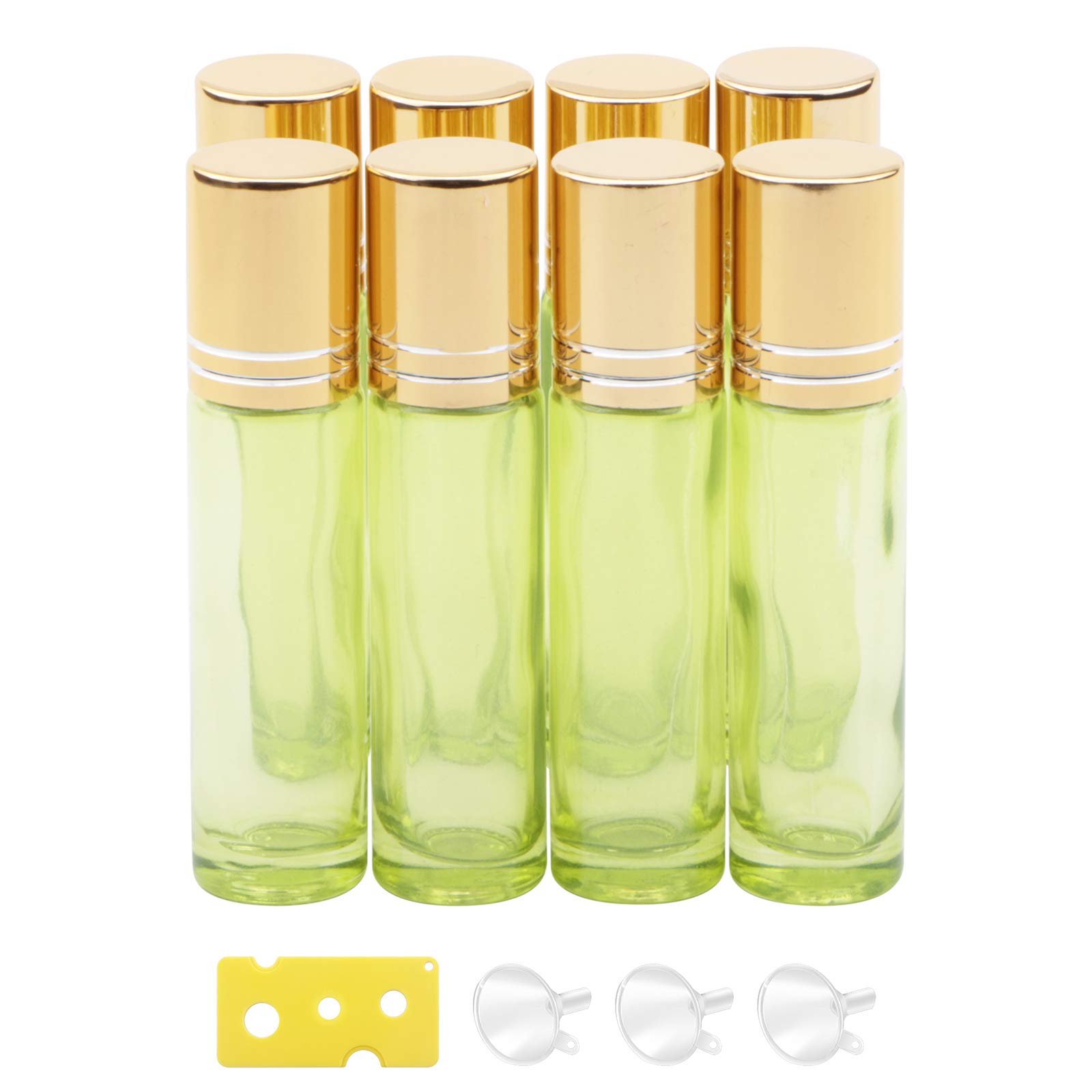 8Pcs Glass Roll on Vials 10ml (1/3oz) Pearl Green Essential Oil Roller Bottles Eye Rolling Ball Container for Cosmetics Aromatherapy Perfume, Gold Cap