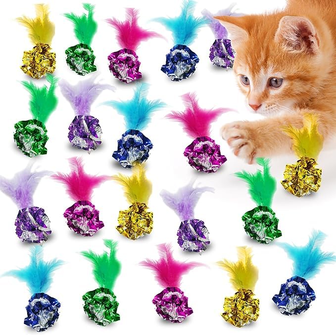 Image of SunGrow Mylar Crinkle Balls with Feathers, 2.5-Inches, Shiny Stress Buster Crinkler, Suitable for Multiple Cats' Engagement, Ideal for Kittens and Grown-up Cats, 20-Pcs