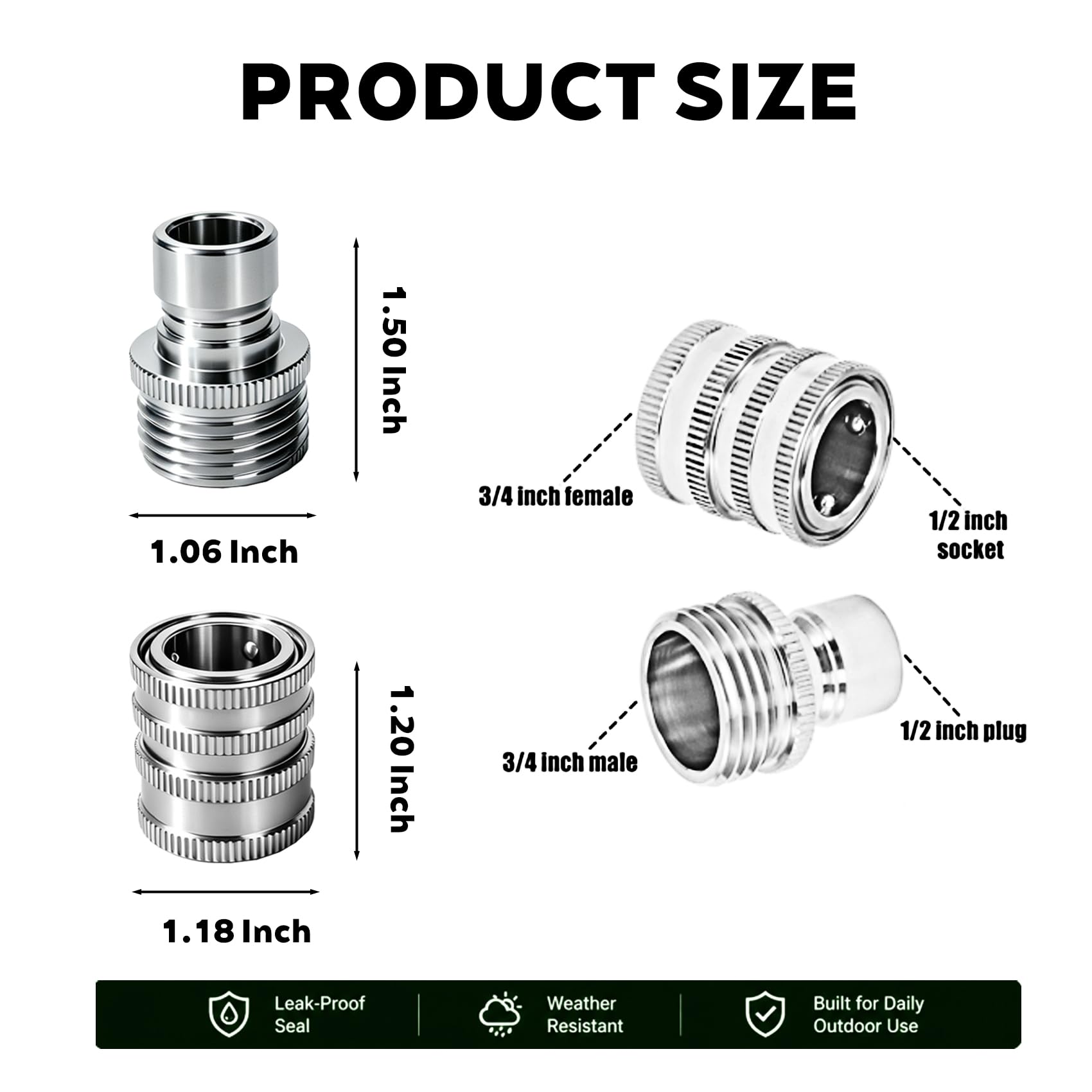 Set di 5 raccordi per tubo da giardino in acciaio inox, a connessione rapida, resistenti da 1,3 cm a 1,9 cm, kit di connettori a sgancio rapido per rubinetto, spruzzatore e tubo dell'acqua all'aperto