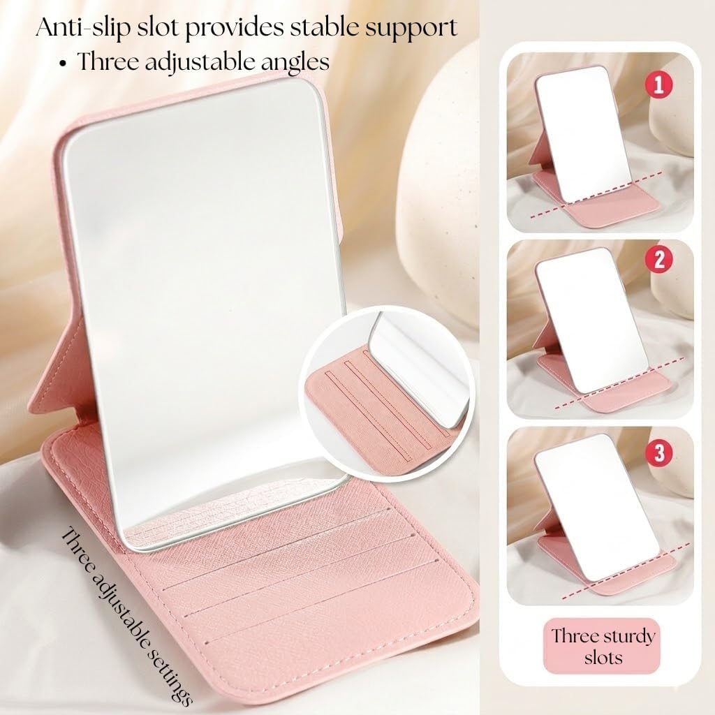 Eletree Frameless Foldable HD Glass Makeup Mirror with Adjustable Stand Tabletop Travel Vanity Mirror for Makeup, Travel, Office, Home Use 16x11cm Pink 2