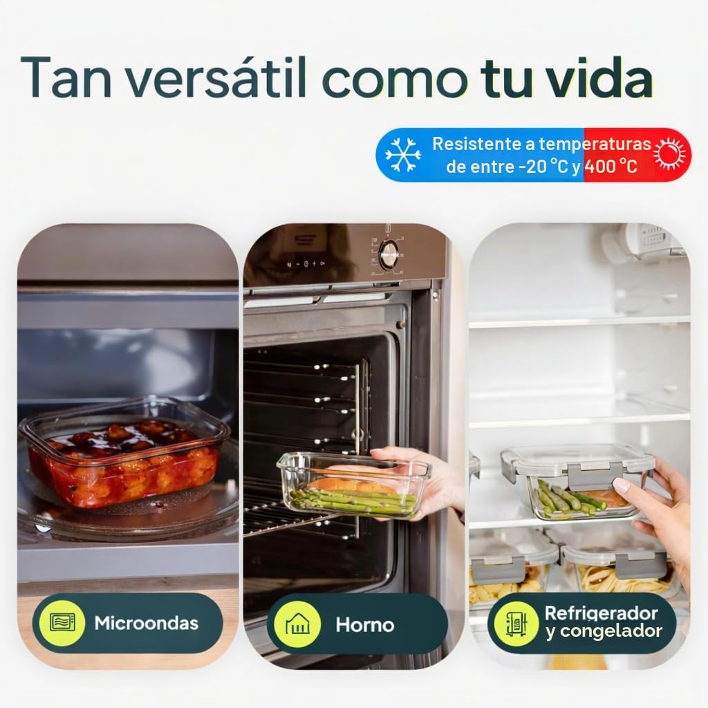 uandu Set de 10 Recipientes Herméticos de Cristal con Tapa para Alimentos, Vidrio Borosilicato, Fiambrera Meal Prep, Sin BPA, Apto Microondas, Horno y Congelador