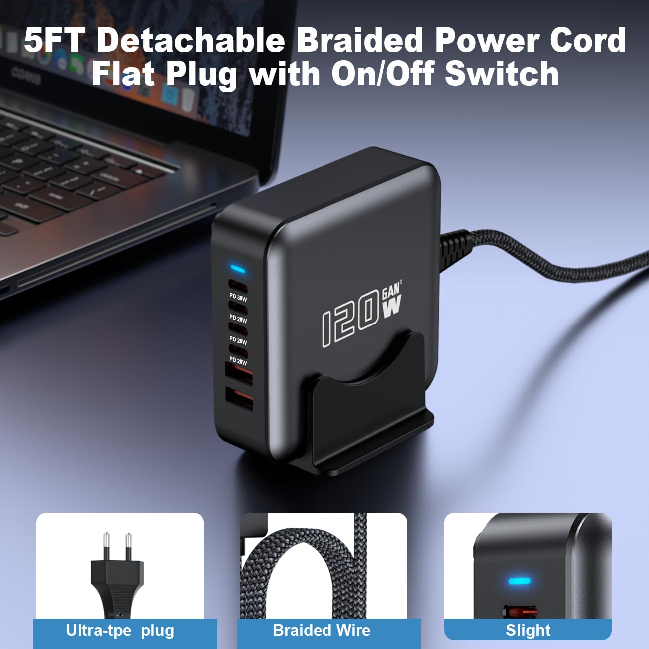 Szybka ładowarka USB C, 6-portowa stacja ładująca GaN Hub Adapter 120 W, gniazdo taśmy zasilającej z wieloma ładowarkami ściennymi USB C do iPada iPhone 17 16 15 14 13 12 Pro Max Galaxy (szary)