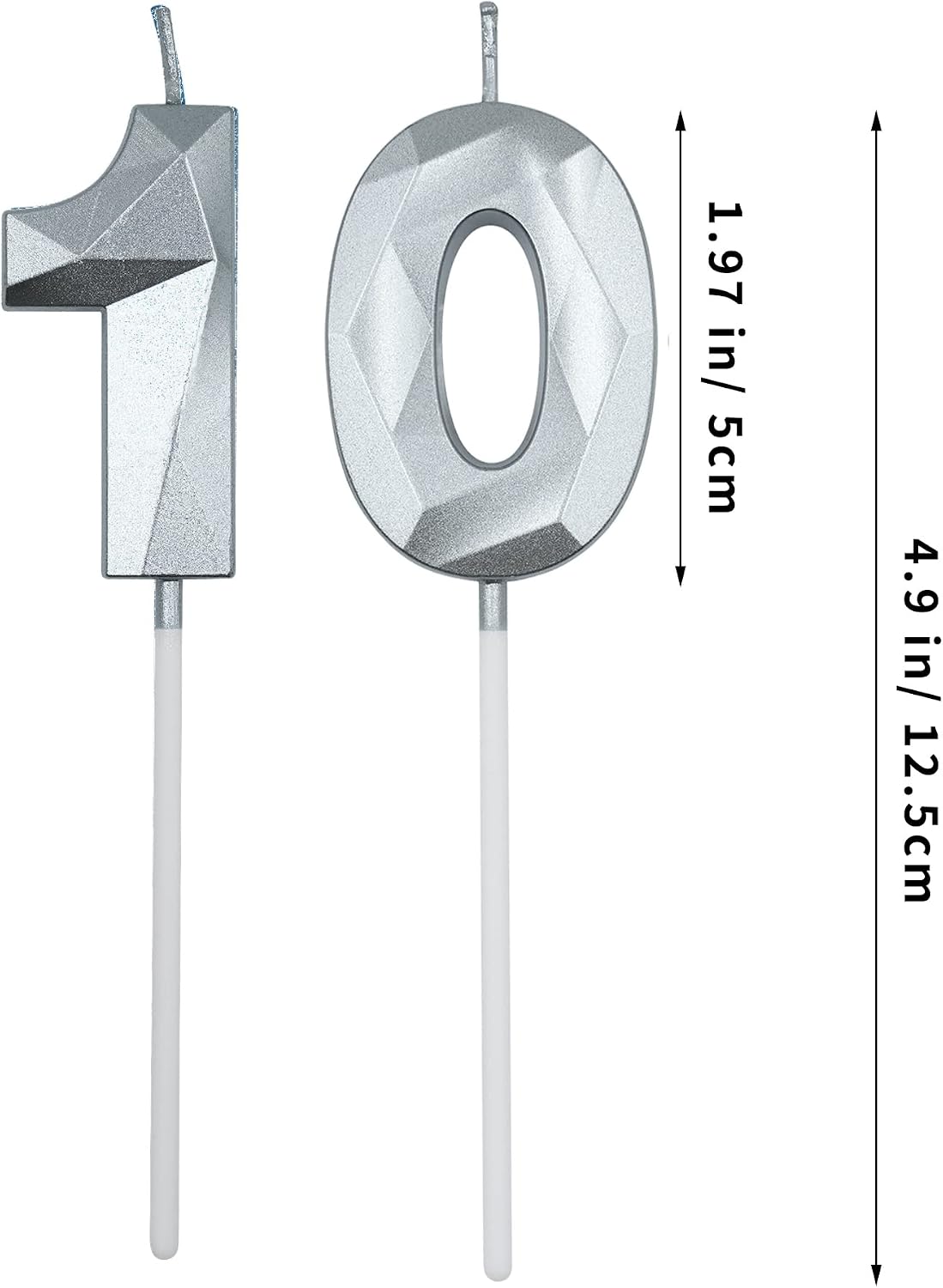 10th Birthday Candles for Cake, Silver Number 10 3D Diamond Shaped Candle Birthday Decorations Party Supplies for Girls or Boys image 2