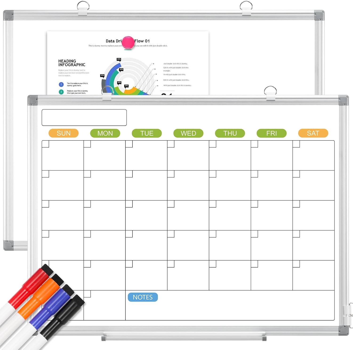 Monthly Calendar Dry Erase Whiteboard for Wall, 36" x 24" Magnetic Dry Erase Board, Hanging Double-Sided White Board, Portable Board for School, Planning, Memo, Home, Office, 2025 Calendar