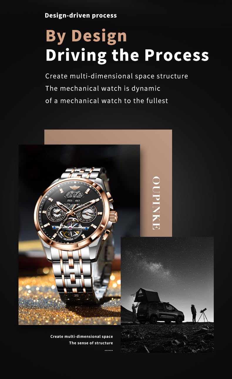 OUPINKE - Reloj automático para hombre, 5 manecillas, calendario múltiple, año, mes, semana, fecha, mecánico, 5 ATM, impermeable, acero de tungsteno, cristal de zafiro, reloj de pulsera para hombre