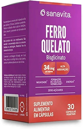 Sanavita - Ferro Quelato Bisglicinato - Suplemento de Ferro para Saúde do Sangue - 30 Cápsulas