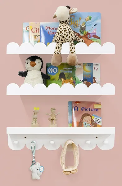 icnjdMopclean Wall Book Shelves for Bedroom Kids with Hooks - Scalloped Shelves for Nursery Set of 3, Nursery Bookshelf for Wall Room Decor, 16 Inch